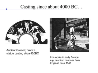Casting since about 4000 BC…
Ancient Greece; bronze
statue casting circa 450BC
Iron works in early Europe,
e.g. cast iron cannons from
England circa 1543
 