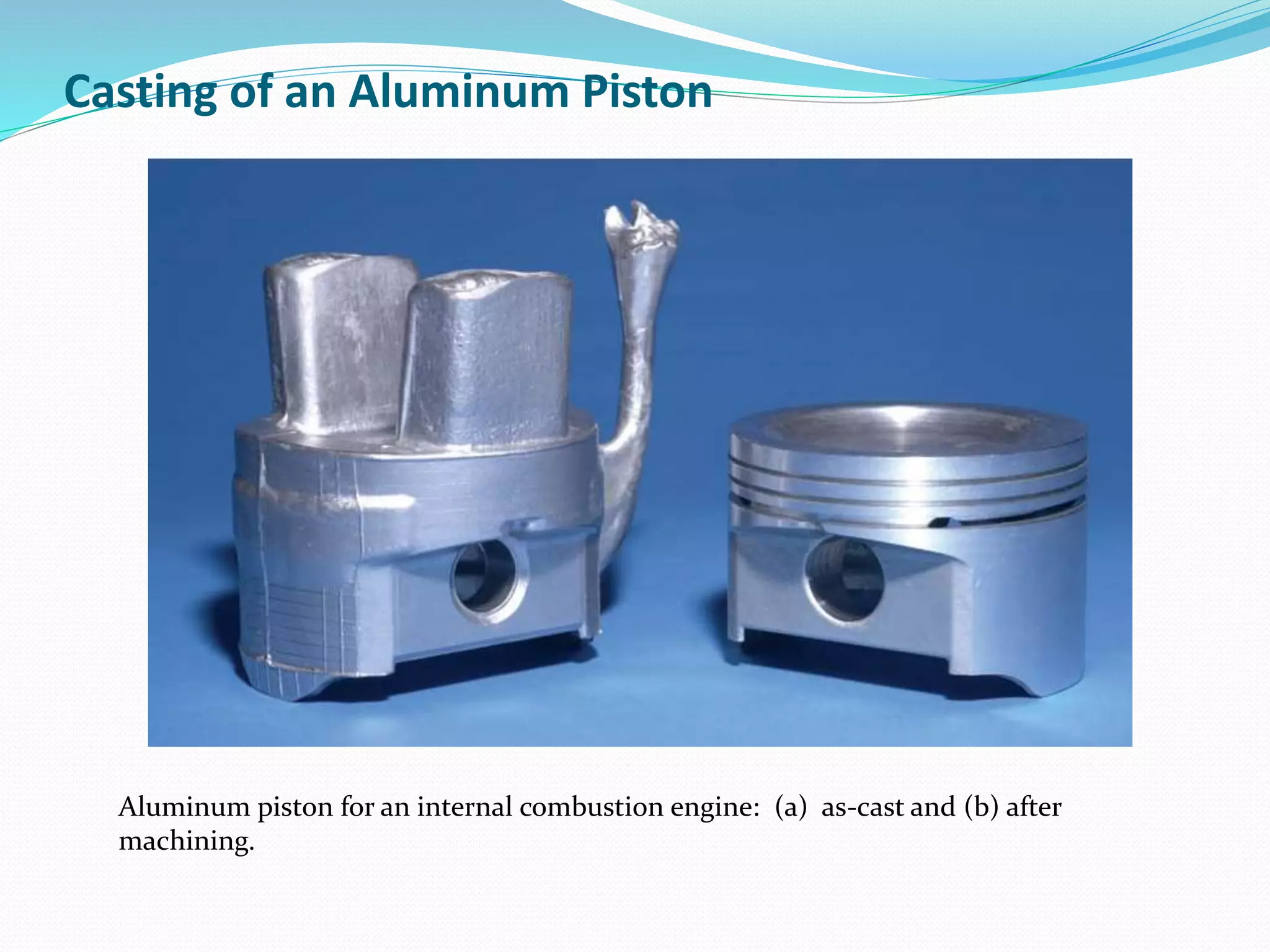 Casting of an Aluminum Piston
Aluminum piston for an internal combustion engine: (a) as-cast and (b) after
machining.
 