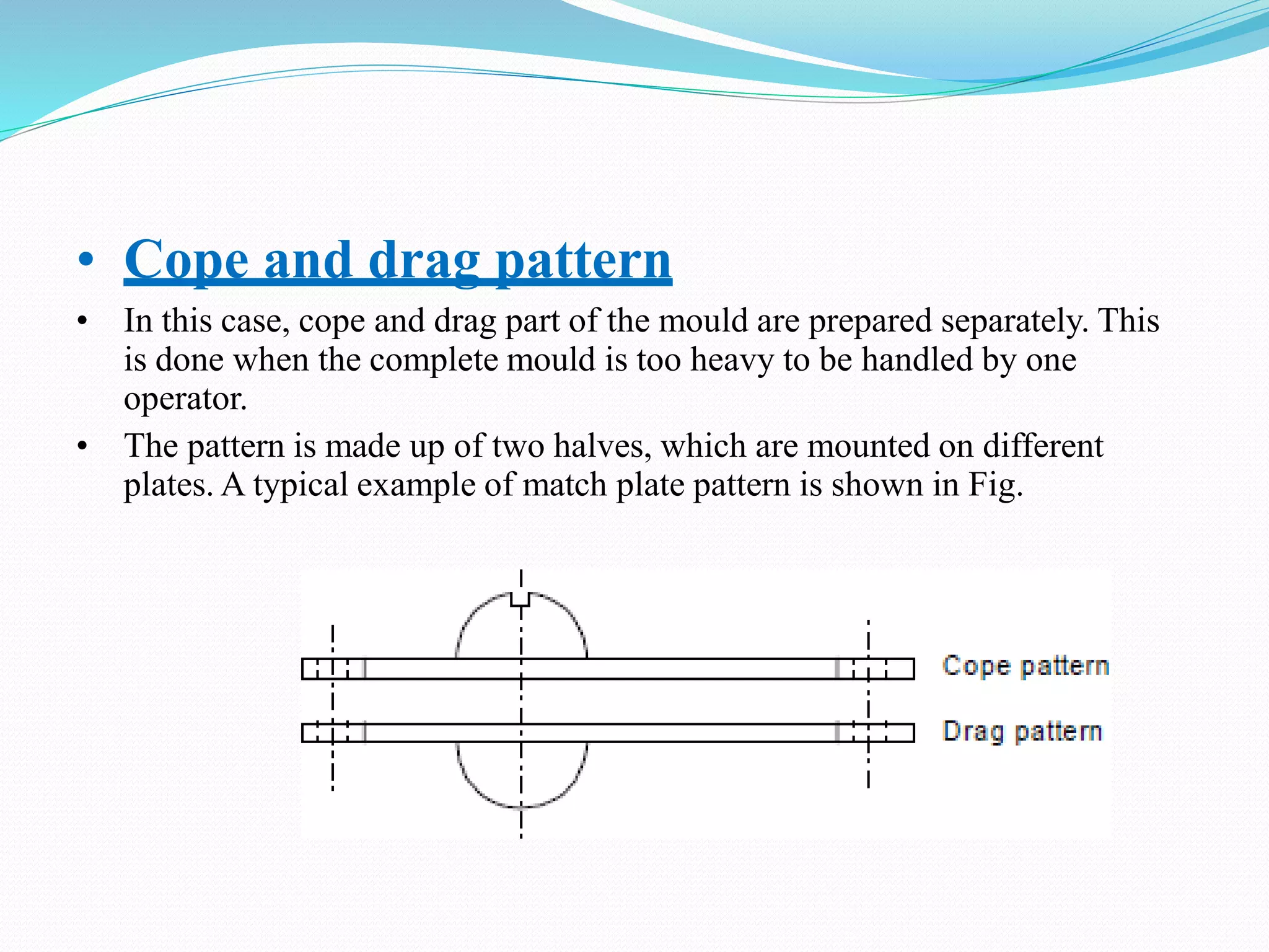 • Cope and drag pattern
• In this case, cope and drag part of the mould are prepared separately. This
is done when the complete mould is too heavy to be handled by one
operator.
• The pattern is made up of two halves, which are mounted on different
plates. A typical example of match plate pattern is shown in Fig.
 