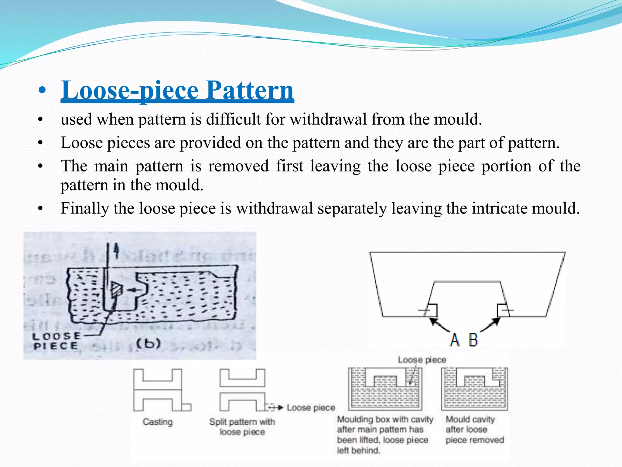 • Loose-piece Pattern
• used when pattern is difficult for withdrawal from the mould.
• Loose pieces are provided on the pattern and they are the part of pattern.
• The main pattern is removed first leaving the loose piece portion of the
pattern in the mould.
• Finally the loose piece is withdrawal separately leaving the intricate mould.
 