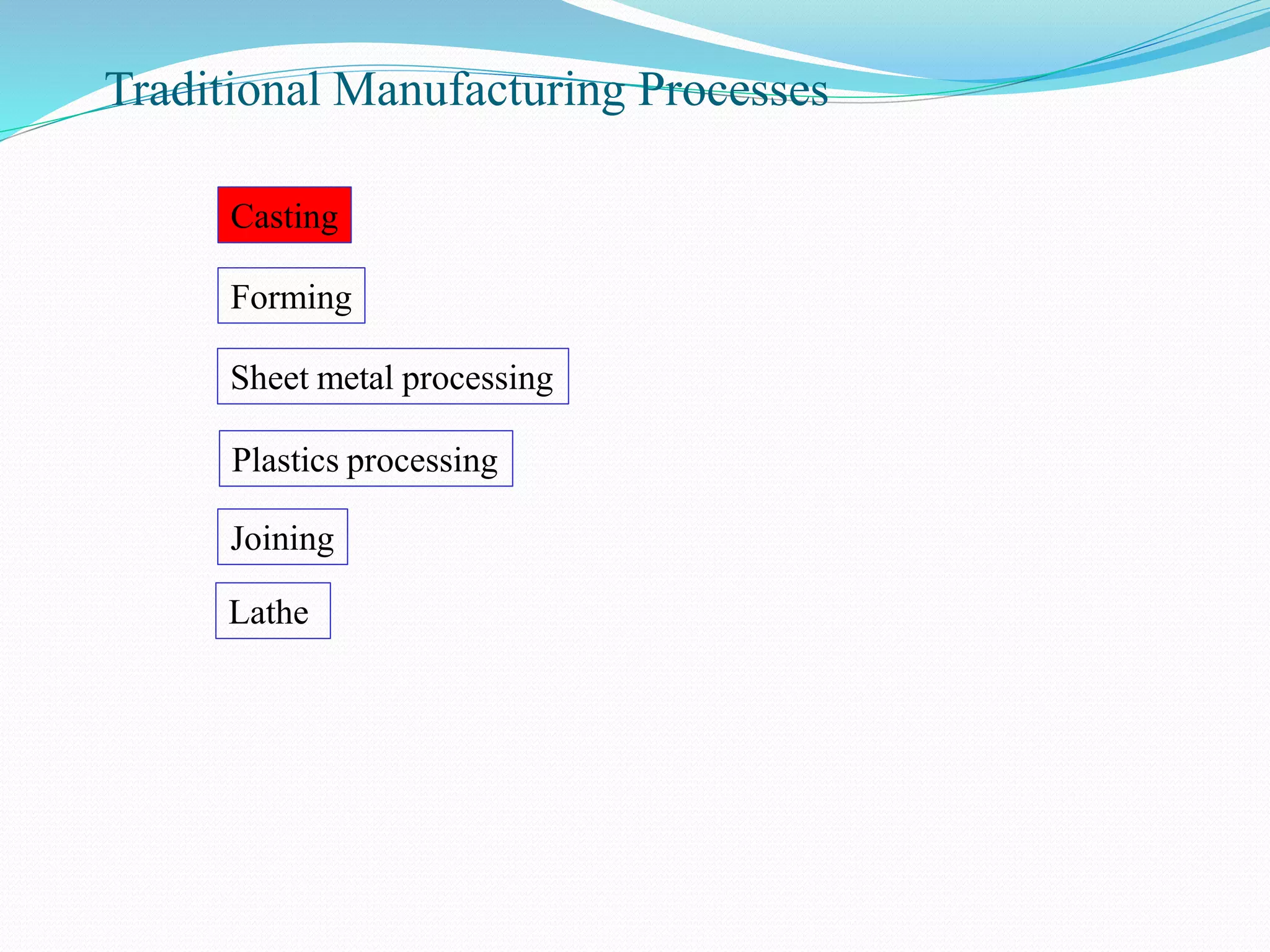Traditional Manufacturing Processes
Casting
Forming
Sheet metal processing
Joining
Plastics processing
Lathe
 