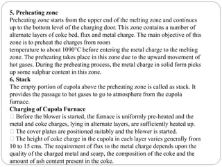 5. Preheating zone
Preheating zone starts from the upper end of the melting zone and continues
up to the bottom level of the charging door. This zone contains a number of
alternate layers of coke bed, flux and metal charge. The main objective of this
zone is to preheat the charges from room
temperature to about 1090°C before entering the metal charge to the melting
zone. The preheating takes place in this zone due to the upward movement of
hot gases. During the preheating process, the metal charge in solid form picks
up some sulphur content in this zone.
6. Stack
The empty portion of cupola above the preheating zone is called as stack. It
provides the passage to hot gases to go to atmosphere from the cupola
furnace.
Charging of Cupola Furnace
Before the blower is started, the furnace is uniformly pre-heated and the
metal and coke charges, lying in alternate layers, are sufficiently heated up.
The cover plates are positioned suitably and the blower is started.
The height of coke charge in the cupola in each layer varies generally from
10 to 15 cms. The requirement of flux to the metal charge depends upon the
quality of the charged metal and scarp, the composition of the coke and the
amount of ash content present in the coke.
 