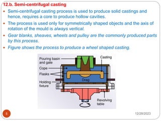 12/28/2023
5
12.b. Semi-centrifugal casting
 Semi-centrifugal casting process is used to produce solid castings and
hence, requires a core to produce hollow cavities.
 The process is used only for symmetrically shaped objects and the axis of
rotation of the mould is always vertical.
 Gear blanks, sheaves, wheels and pulley are the commonly produced parts
by this process.
 Figure shows the process to produce a wheel shaped casting.
 