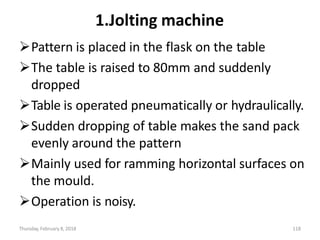 Thursday, February 8, 2018 118
1.Jolting machine
Pattern is placed in the flask on the table
The table is raised to 80mm and suddenly
dropped
Table is operated pneumatically or hydraulically.
Sudden dropping of table makes the sand pack
evenly around the pattern
Mainly used for ramming horizontal surfaces on
the mould.
Operation is noisy.
 