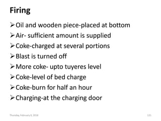 Thursday, February 8, 2018 131
Firing
Oil and wooden piece-placed at bottom
Air- sufficient amount is supplied
Coke-charged at several portions
Blast is turned off
More coke- upto tuyeres level
Coke-level of bed charge
Coke-burn for half an hour
Charging-at the charging door
 