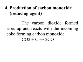 4. Production of carbon monoxide
(reducing agent)
The carbon dioxide formed
rises up and reacts with the incoming
coke forming carbon monoxide
CO2 + C → 2CO
 
