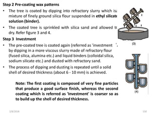 a
e
o
')
Step 2 Pre-coating wax patterns
• The tree is coated by dipping into refractory slurry which is
mixture of finely ground silica flour suspended in ethyl silicat
solution (binder).
• The coated tree is sprinkled with silica sand and allowed t
dry. Refer figure 3 and 4.
Step 3 Investment
• The pre-coated tree is coated again (referred as 'investment
by dipping in a more viscous slurry made of refractory flour
(fused silica, alumina etc.) and liquid binders (colloidal silica,
sodium silicate etc.) and dusted with refractory sand.
• The process of dipping and dusting is repeated until a solid
shell of desired thickness (about 6 - 10 mm) is achieved.
Note: The first coating is composed of very fine particles
that produce a good surface finish, whereas the second
coating which is referred as 'Investment' is coarser so as
to build up the shell of desired thickness.
2/8/2018 150
 