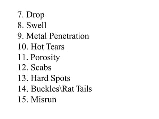 7. Drop
8. Swell
9. Metal Penetration
10. Hot Tears
11. Porosity
12. Scabs
13. Hard Spots
14. BucklesRat Tails
15. Misrun
 