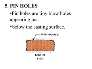 5. PIN HOLES
•Pin holes are tiny blow holes
appearing just
•below the casting surface.
 