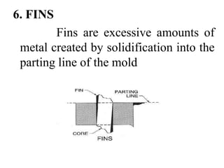 6. FINS
Fins are excessive amounts of
metal created by solidification into the
parting line of the mold
 