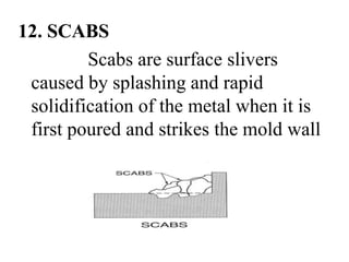 12. SCABS
Scabs are surface slivers
caused by splashing and rapid
solidification of the metal when it is
first poured and strikes the mold wall
 