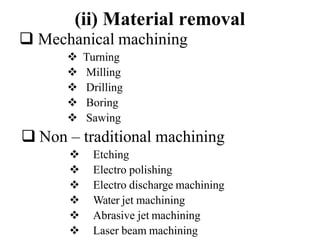 (ii) Material removal
 Mechanical machining
 Turning
 Milling
 Drilling
 Boring
 Sawing
 Non – traditional machining
 Etching
 Electro polishing
 Electro discharge machining
 Water jet machining
 Abrasive jet machining
 Laser beam machining
 