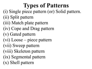 Types of Patterns
(i) Single piece pattern (or) Solid pattern.
(ii) Split pattern
(iii) Match plate pattern
(iv) Cope and Drag pattern
(v) Gated pattern
(vi) Loose – piece pattern
(vii) Sweep pattern
(viii) Skeleton pattern
(ix) Segmental pattern
(x) Shell pattern
 