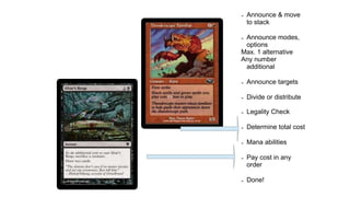 ➢ Announce & move
to stack
➢ Announce modes,
options
Max. 1 alternative
Any number
additional
➢ Announce targets
➢ Divide or distribute
➢ Legality Check
➢ Determine total cost
➢ Mana abilities
➢ Pay cost in any
order
➢ Done!
 