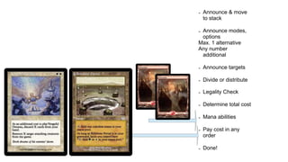 ➢ Announce & move
to stack
➢ Announce modes,
options
Max. 1 alternative
Any number
additional
➢ Announce targets
➢ Divide or distribute
➢ Legality Check
➢ Determine total cost
➢ Mana abilities
➢ Pay cost in any
order
➢ Done!
 