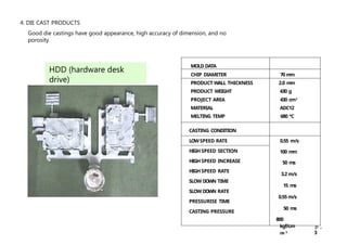 4. DIE CAST PRODUCTS
Good die castings have good appearance, high accuracy of dimension, and no
porosity.
HDD (hardware desk
drive)
Ｐ－
3
MOLD DATA
CHIP DIAMETER 70 m
m
PRODUCT WALL THICKNESS 2.0 m
m
PRODUCT WEIGHT 430 g
PROJECT AREA 430 cm2
MATERIAL ADC12
MELTING TEMP 680 ℃
CASTING CONDITION
LOWSPEED RATE 0.55 m/s
100 m
m
50 ms
3.2 m/s
15 ms
0.55 m/s
50 ms
800
kgf/cm
㎝ 2
HIGH SPEED SECTION
HIGH SPEED INCREASE
HIGH SPEED RATE
SLOW DOWN TIME
SLOW DOWN RATE
PRESSURISE TIME
CASTING PRESSURE
 