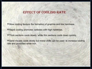 EFFECT OF COOLING RATE
12
Slow cooling favours the formation of graphite and low hardness.
Rapid cooling promotes carbides with high hardness.
Thick sections cools slowly, while thin sections cools down quickly.
Sand moulds cools slowly but metal chills can be used to increase cooling
rate and promotes white iron.
 