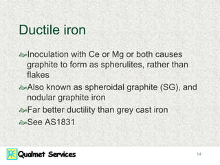 14
Ductile iron
Inoculation with Ce or Mg or both causes
graphite to form as spherulites, rather than
flakes
Also known as spheroidal graphite (SG), and
nodular graphite iron
Far better ductility than grey cast iron
See AS1831
 