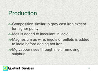16
Production
Composition similar to grey cast iron except
for higher purity.
Melt is added to inoculant in ladle.
Magnesium as wire, ingots or pellets is added
to ladle before adding hot iron.
Mg vapour rises through melt, removing
sulphur.
 