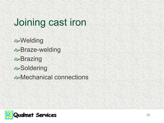 25
Joining cast iron
Welding
Braze-welding
Brazing
Soldering
Mechanical connections
 
