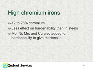 41
High chromium irons
12 to 28% chromium
Less effect on hardenability than in steels
Mo, Ni, Mn, and Cu also added for
hardenability to give martensite
 