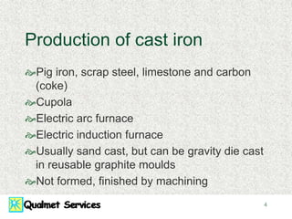 4
Production of cast iron
Pig iron, scrap steel, limestone and carbon
(coke)
Cupola
Electric arc furnace
Electric induction furnace
Usually sand cast, but can be gravity die cast
in reusable graphite moulds
Not formed, finished by machining
 