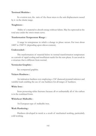 142
Torsional Modulus :
	 In a torsion test, the ratio of the shear stress to the unit displacement caused
by it in the elastic range.
Toughness :
	 Ability of a material to absorb energy without failure. May be expressed as the
total area under the stress-strain curve.
Tranformation Temperature Range :
	 A range in temeprature in which a change in phase occurs. For iron about
14000
to 15000
F. (depending upon silicon content).
Undercooled :
	 The tranformation of material below its normal transformation temperature
as a aresult of rapid cooling and insufficient nuclei for the new phase. It can result in
a structure that is different from normal.
Vermicular Graphite :
	 See compacted graphite.
Vickers Hardness :
	 An indetation hardness test employing a 1360
diamond pyramid indentor and
variable loads enabling the use of one hardness for all ranges of hardness.
White Iron :
	 Irons possessing white fractures because all or susbtantially all of the carbon
is in the combined form.
Whiteheart Malleable :
	 An European type of malleable iron.
Work Hardening :
	 Hardness developed in metal as a result of mechanical working, particularly
cold working.
 