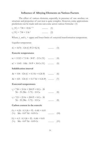 16
Influence of Alloying Elements on Various Factors
    The effect of various elements, especially, in presence of one another, on
structure and properties of cast iron is quite complex. However, some approximate
predictions can be made and one can come across various formulae : (1)
tu
(o
C) = 738 + 18 Si 1.75		
...........	  (1)
t1
(o
C) = 738 + 5 Si 2		
...........	  (2)
Where, tu
and t1
= upper and lower limits of eutectoid transformation temperature.
Liquidus temperature
tL = 1670 - 124 (C-P/2+Si/4)		 ...........	  (3)
Eutectic temperatures
tc = 1152 + 7.5 Si - 30 P - 2 Cr (o
C)	 ...........	  (4)
tc’ = 1145 - 10Si - 30 P + 30 Cr (o
C)	 ...........	  (5)
Solidification interval
∆t = 518 - 124 (C + 0.3 Si + 0.26 P)	 ...........	  (6)
∆t = 525 - 124 (C + 0.17 Si + 0.26 P)	 ...........	  (7)
Eutectoid temperatures
tu
= 738 + 35 Si + 200 P + 8 Cr - 20
    Ni - 35 (Mn - 1.75) - 10 Cu		 ...........	  (8)
t1
= 723 + 25 Si + 200 P + 8 Cr - 30
    Ni - 35 (Mn - 1.75) - 10 Cu		 ...........	  (8)
Carbon content in the eutectic
Cc = 4.26 - 0.3 (Si + P) - 0.4S + 0.03
(%)  Mn - 0.07 Ni - 0.05 Cr		 ...........	  (10)
Cc = 4.3 - 0.3 (Si + P) - 0.4S + 0.03
(%)  Mn - 0.07 Ni - 0.05 Cr		 ...........	  (11)
 