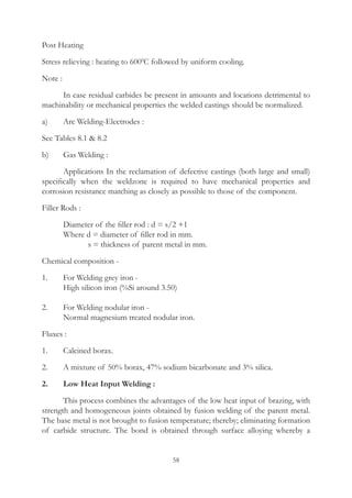 58
Post Heating
Stress relieving : heating to 6000
C followed by uniform cooling.
Note :
	 In case residual carbides be present in amounts and locations detrimental to
machinability or mechanical properties the welded castings should be normalized.
a)	 Arc Welding-Electrodes :
See Tables 8.1  8.2
b)	 Gas Welding :
	 Applications In the reclamation of defective castings (both large and small)
specifically when the weldzone is required to have mechanical properties and
corrosion resistance matching as closely as possible to those of the component.
Filler Rods :
	 Diameter of the filler rod : d = s/2 +1
	 Where d = diameter of filler rod in mm.
	    s = thickness of parent metal in mm.
Chemical composition -
1.	 For Welding grey iron -
	 High silicon iron (%Si around 3.50)
2.	 For Welding nodular iron -
	 Normal magnesium treated nodular iron.
Fluxes :
1.	 Calcined borax.
2.	 A mixture of 50% borax, 47% sodium bicarbonate and 3% silica.
2.	 Low Heat Input Welding :
	 This process combines the advantages of the low heat input of brazing, with
strength and homogeneous joints obtained by fusion welding of the parent metal.
The base metal is not brought to fusion temperature; thereby; eliminating formation
of carbide structure. The bond is obtained through surface alloying whereby a
 