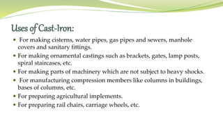 Uses of Cast-Iron:
 For making cisterns, water pipes, gas pipes and sewers, manhole
covers and sanitary fittings.
 For making ornamental castings such as brackets, gates, lamp posts,
spiral staircases, etc.
 For making parts of machinery which are not subject to heavy shocks.
 For manufacturing compression members like columns in buildings,
bases of columns, etc.
 For preparing agricultural implements.
 For preparing rail chairs, carriage wheels, etc.
 