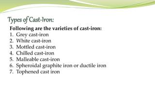 Types of Cast-Iron:
Following are the varieties of cast-iron:
1. Grey cast-iron
2. White cast-iron
3. Mottled cast-iron
4. Chilled cast-iron
5. Malleable cast-iron
6. Spheroidal graphite iron or ductile iron
7. Tophened cast iron
 