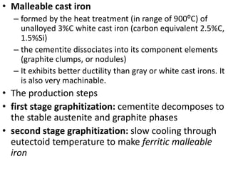 • Malleable cast iron
– formed by the heat treatment (in range of 900⁰C) of
unalloyed 3%C white cast iron (carbon equivalent 2.5%C,
1.5%Si)
– the cementite dissociates into its component elements
(graphite clumps, or nodules)
– It exhibits better ductility than gray or white cast irons. It
is also very machinable.
• The production steps
• first stage graphitization: cementite decomposes to
the stable austenite and graphite phases
• second stage graphitization: slow cooling through
eutectoid temperature to make ferritic malleable
iron
 