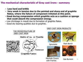 16
- Less hard and brittle
- Very weak in tension due to the pointed and sharp end of graphite
flakes, where the failure of component initiated at this point.
- Good during compression which graphite acts as a cushion or sponge
that could absorb the compression energy.
- Low shrinkage in mould due to formation of graphite flakes.
- Good dry bearing qualities due to graphite.
Park BenchSprockets
Manhole Covers
with Frames
GREY CAST IRON PRODUCTS
Gas Burners
THE MICRISTRUCTURE OF
GREY CAST IRON
The mechanical characteristic of Gray cast Irons - summary
 