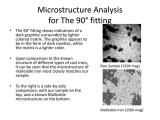 Microstructure Analysis
for The 90° fitting
• The 90° fitting shows indications of a
dark graphite surrounded by lighter
colored matrix. The graphite appears to
be in the form of dark rosettes, while
the matrix is a lighter color.
• Upon comparison to the known
structure of different types of cast irons,
it can be seen that the microstructure of
malleable iron most closely matches our
sample.
• To the right is a side-by-side
comparison, with our sample on the
top, and a known Malleable
microstructure on the bottom.
Pipe Sample (150X mag)
Malleable Iron (150X mag)
 