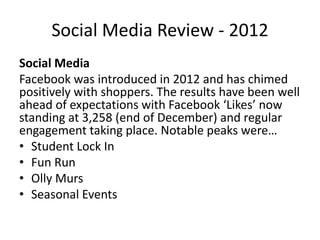 Social Media Review - 2012
Social Media
Facebook was introduced in 2012 and has chimed
positively with shoppers. The resul...