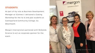 is the process of managing the
entire lifecycle of a product
from inception, through
engineering design and
manufacture, to service and
disposal of manufactured
products.
As part of my role as Business Development
Manager at iConnect I delivered a Coding
Workshop for the 1st & 2nd year students at
Castlepollard Community College, Co.
Westmeath.
Mergon International partnered with Midlands
Science to act as corporate sponsor for the
event.
STUDENTS
Photo: L-R Pauline Nally; Midlands Science, Lucy Payne; iConnect, Aisling Nolan; Mergon,
Mary Coyle; Principal at Castlepollard Community College
 