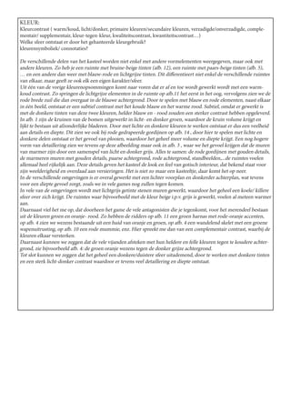 KLEUR:
Kleurcontrast ( warm/koud, licht/donker, primaire kleuren/secundaire kleuren, verzadigde/onverzadigde, comple-
mentair/ supplementair, kleur-tegen-kleur, kwaliteitscontrast, kwantiteitscontrast…)
Welke sfeer ontstaat er door het gehanteerde kleurgebruik?
kleurensymboliek/ connotaties?

De verschillende delen van het kasteel worden niet enkel met andere vormelementen weergegeven, maar ook met
andere kleuren. Zo heb je een ruimte met bruine-beige tinten (afb. 12), een ruimte met paars-beige tinten (afb. 5),
… en een andere dan weer met blauw-rode en lichtgrijze tinten. Dit differentieert niet enkel de verschillende ruimtes
van elkaar, maar geeft ze ook elk een eigen karakter/sfeer.
Uit één van de vorige kleurenopsommingen komt naar voren dat er af en toe wordt gewerkt wordt met een warm-
koud contrast. Zo springen de lichtgrijze elementen in de ruimte op afb.11 het eerst in het oog, vervolgens zien we de
rode brede zuil die dan overgaat in de blauwe achtergrond. Door te spelen met blauw en rode elementen, naast elkaar
in één beeld, ontstaat er een subtiel contrast met het koude blauw en het warme rood. Subtiel, omdat er gewerkt is
met de donkere tinten van deze twee kleuren, helder blauw en - rood zouden een sterker contrast hebben opgeleverd.
In afb. 1 zijn de kruinen van de bomen uitgewerkt in licht- en donker groen, waardoor de kruin volume krijgt en
lijkt te bestaan uit afzonderlijke bladeren. Door met lichte en donkere kleuren te werken ontstaat er dus een veelheid
aan details en diepte. Dit zien we ook bij rode gedrapeerde gordijnen op afb. 14 , door hier te spelen met lichte en
donkere delen ontstaat er het gevoel van plooien, waardoor het geheel meer volume en diepte krijgt. Een nog hogere
vorm van detaillering zien we tevens op deze afbeelding maar ook in afb. 3 , waar we het gevoel krijgen dat de muren
van marmer zijn door een samenspel van licht en donker grijs. Alles te samen: de rode gordijnen met gouden details,
de marmeren muren met gouden details, paarse achtergrond, rode achtergrond, standbeelden,...de ruimtes voelen
allemaal heel rijkelijk aan. Deze details geven het kasteel de look en feel van gotisch interieur, dat bekend staat voor
zijn weelderigheid en overdaad aan versieringen. Het is niet zo maar een kasteeltje, daar komt het op neer.
In de verschillende omgevingen is er overal gewerkt met een lichter voorplan en donkerder achterplan, wat tevens
voor een diepte gevoel zorgt, zoals we in vele games nog zullen tegen komen.
In vele van de omgevingen wordt met lichtgrijs getinte stenen muren gewerkt, waardoor het geheel een koele/ killere
sfeer over zich krijgt. De ruimtes waar bijvoorbeeld met de kleur beige i.p.v. grijs is gewerkt, voelen al meteen warmer
aan.
Daarnaast viel het me op, dat doorheen het game de vele antagonisten die je tegenkomt, voor het merendeel bestaan
uit de kleuren groen en oranje- rood. Zo hebben de ridders op afb. 11 een groen harnas met rode-oranje accenten,
op afb. 4 zien we wezens bestaande uit een huid van oranje en groen, op afb. 4 een wandelend skelet met een groene
wapenuitrusting, op afb. 10 een rode mummie, enz. Hier spreekt me dan van een complementair contrast, waarbij de
kleuren elkaar versterken.
Daarnaast kunnen we zeggen dat de vele vijanden afsteken met hun heldere en felle kleuren tegen te koudere achter-
grond, zie bijvoorbeeld afb. 4: de groen oranje wezens tegen de donker grijze achtergrond.
Tot slot kunnen we zeggen dat het geheel een donkere/duistere sfeer uitademend, door te werken met donkere tinten
en een sterk licht-donker contrast waardoor er tevens veel detaillering en diepte ontstaat.
 