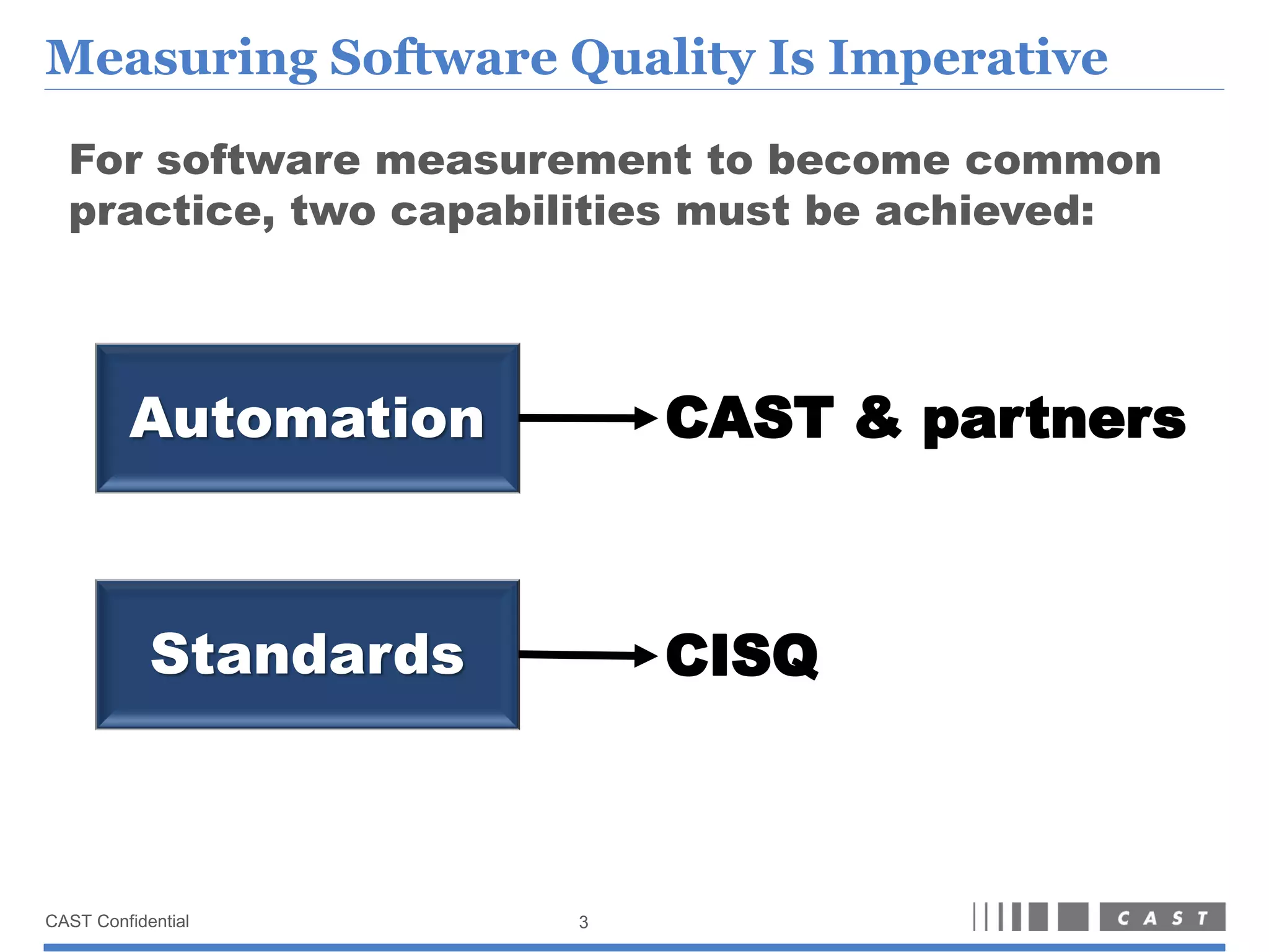 Measuring Software Quality Is Imperative

For software measurement to become common practice, two
capabilities must be achieved:




   Automation                 Vendors
                              Vendors



    Standards                 CISQ



                         4
 