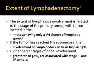  The extent of lymph node involvement is related
to the stage of the primary tumor, with tumor
located in the
 mucosa having only a 5% chance of lymphatic
spread.
 If the tumor has reached the submucosa, the
 involvement of lymph nodes can be as high as 25%.
 Higher percentages of nodal involvement,
 greater than 90%, are associated with stage III and
IV tumors.
 
