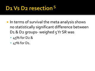  In terms of survival the meta analysis shows
no statistically significant difference between
D1 & D2 groups- weighed 5Yr SR was
 45% for D2 &
 47% for D1.
 