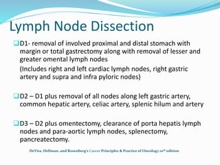 Lymph Node Dissection
D1- removal of involved proximal and distal stomach with
margin or total gastrectomy along with removal of lesser and
greater omental lymph nodes
(Includes right and left cardiac lymph nodes, right gastric
artery and supra and infra pyloric nodes)
D2 – D1 plus removal of all nodes along left gastric artery,
common hepatic artery, celiac artery, splenic hilum and artery
D3 – D2 plus omentectomy, clearance of porta hepatis lymph
nodes and para-aortic lymph nodes, splenectomy,
pancreatectomy.
DeVita, Hellman, and Rosenberg’s Cancer Principles & Practice of Oncology 10th edition
 