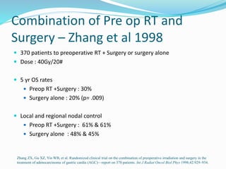 Combination of Pre op RT and
Surgery – Zhang et al 1998
 370 patients to preoperative RT + Surgery or surgery alone
 Dose : 40Gy/20#
 5 yr OS rates
 Preop RT +Surgery : 30%
 Surgery alone : 20% (p= .009)
 Local and regional nodal control
 Preop RT +Surgery : 61% & 61%
 Surgery alone : 48% & 45%
Zhang ZX, Gu XZ, Yin WB, et al. Randomized clinical trial on the combination of preoperative irradiation and surgery in the
treatment of adenocarcinoma of gastric cardia (AGC)—report on 370 patients. Int J Radiat Oncol Biol Phys 1998;42:929–934.
 