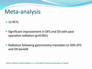 Meta-analysis
 13 RCTs
 Significant improvement in DFS and OS with post
operative radiation (p<0.001)
 Radiation following gastrectomy translates to 20% DFS
and OS benefit
DeVita, Hellman, and Rosenberg’s Cancer Principles & Practice of Oncology 10th edition
 