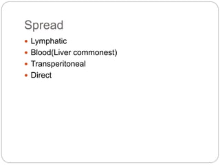 Spread
 Lymphatic
 Blood(Liver commonest)
 Transperitoneal
 Direct
 