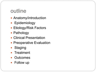 outline
 Anatomy/introduction
 Epidemiology
 Etiology/Risk Factors
 Pathology
 Clinical Presentation
 Preoperative Evaluation
 Staging
 Treatment
 Outcomes
 Follow up
 