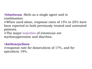 •Irinotecan -Both as a single agent and in
combination.
When used alone, response rates of 15% to 25% have
been reported in both previously treated and untreated
patients.
The major toxicities of irinotecan are
myelosuppression and diarrhea.
•Anthracyclines
response rate for doxorubicin of 17%, and for
epirubicin 19%.
 