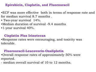 Epirubicin, Cisplatin, and Fluorouracil
•ECF was more effective both in terms of response rate and
for median survival 8.7 months .
• Two-year survival 14%.
•Median duration of survival -9.4 months
•1-year survival 40%.
Cisplatin Plus Irinotecan
•Response rates were encouraging, and toxicity was
tolerable.
Fluorouracil-Leucovorin-Oxaliplatin
•Overall response rates of approximately 50% were
reported.
- median overall survival of 10 to 12 months.
 