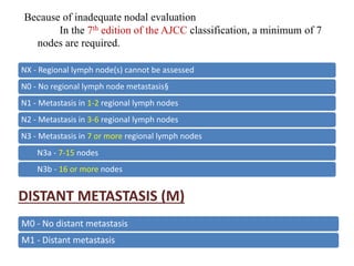 NX - Regional lymph node(s) cannot be assessed
N0 - No regional lymph node metastasis§
N1 - Metastasis in 1-2 regional lymph nodes
N2 - Metastasis in 3-6 regional lymph nodes
N3 - Metastasis in 7 or more regional lymph nodes
N3a - 7-15 nodes
N3b - 16 or more nodes
M0 - No distant metastasis
M1 - Distant metastasis
DISTANT METASTASIS (M)
Because of inadequate nodal evaluation
In the 7th edition of the AJCC classification, a minimum of 7
nodes are required.
 