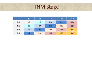 TNM Stage
T1 T2 T3 T4a T4b
N0 IA IB IIA IIB IIIB
N1 IB IIA IIB IIIA IIIB
N2 IIA IIB IIIA IIIB IIIC
N3 IIB IIIA IIIB IIIC IIIC
 