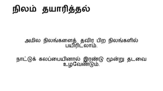 நிலம் தயாரித்தல்
அமிை நிைங்கலைத் தவிர பிற நிைங்கைில்
பயிரிடைாம்.
நாட்டுக் கைப்லபயினால் இரண்டு மூன்று தடலவ
உழமவண்டும்.
 